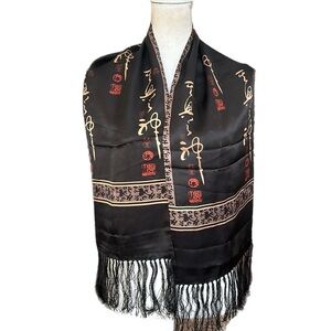 Black 100% Silk Scarf with Fringe Gold Asian Motif Print